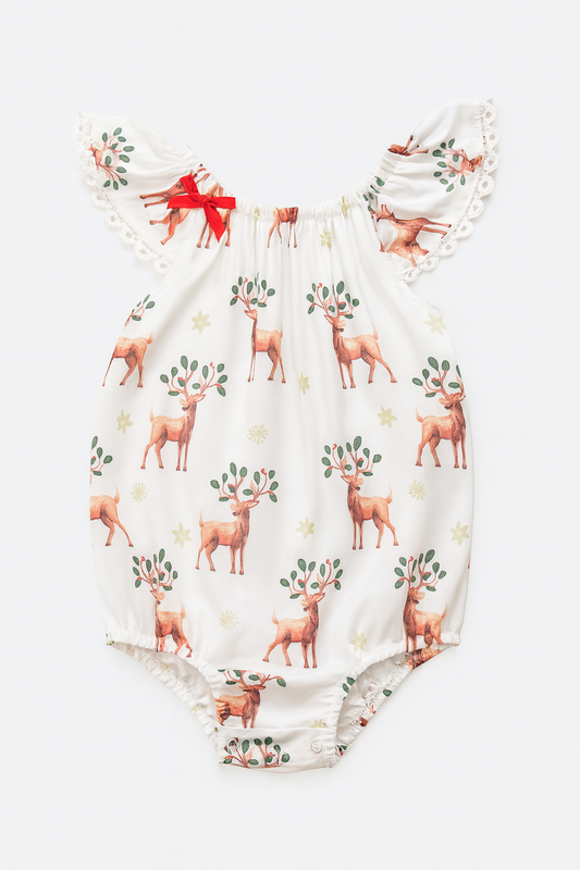 White Reindeer Lace Cape Sleeve Baby Sunsuit Romper