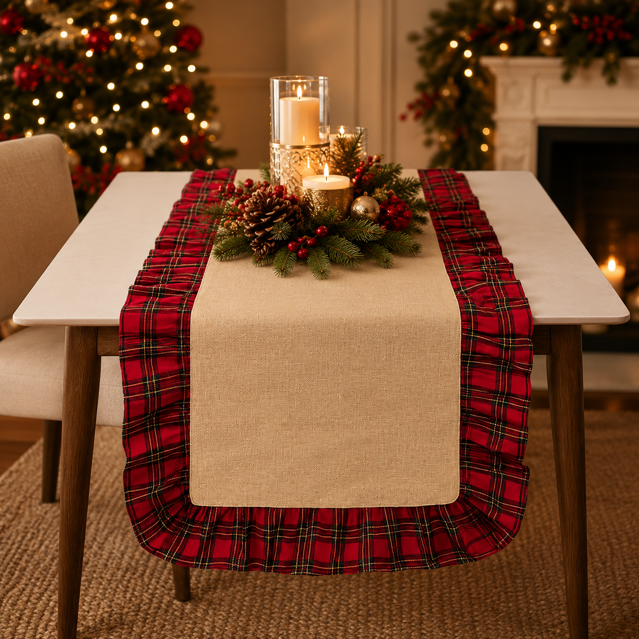 Tartan Plaid Ruffled Trim Holiday Table Runner