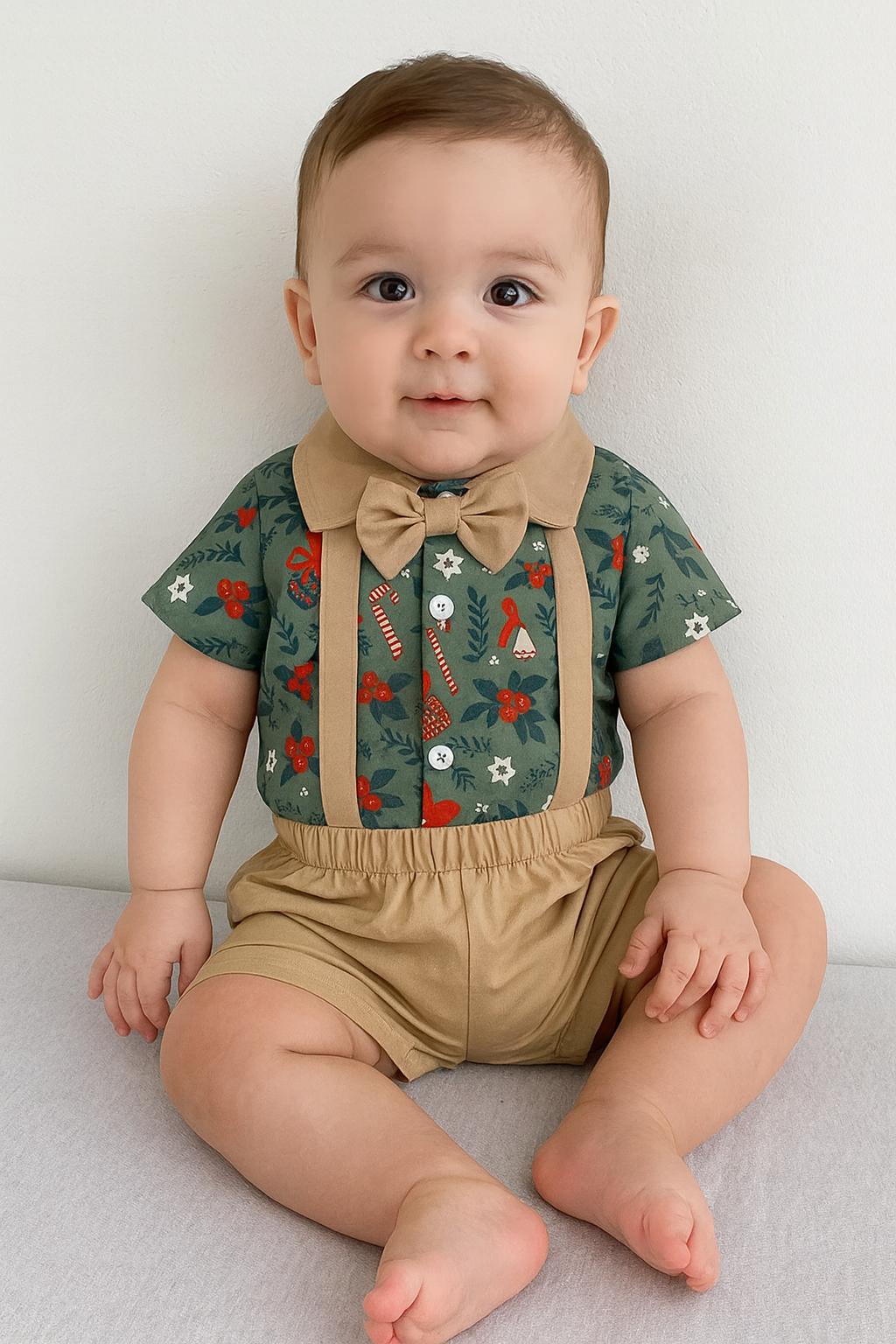 Christmas Print Baby Shirt Romper and Suspender Shorts