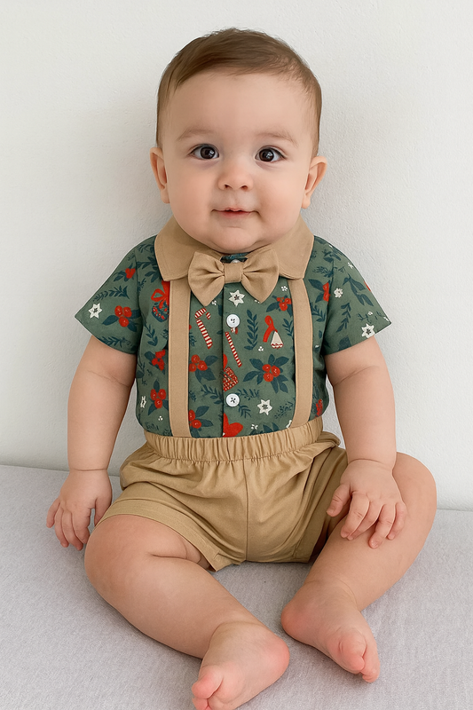 Christmas Print Baby Shirt Romper and Suspender Shorts