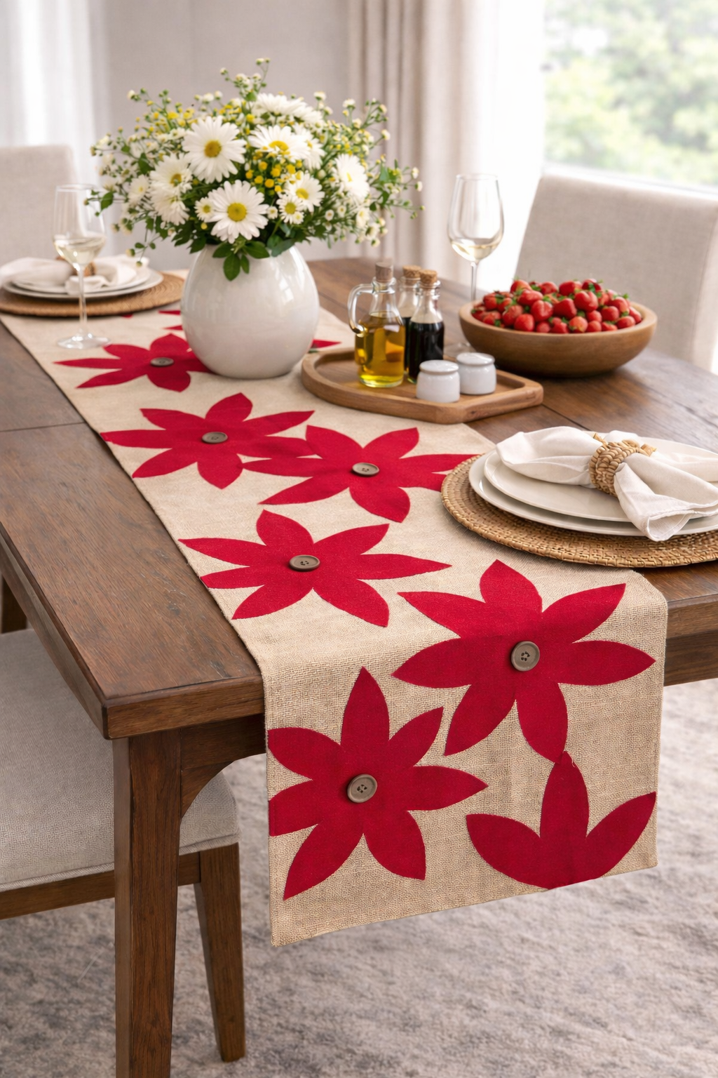 Red Poinsettia Flowers Jute 16"x72" Table Runner