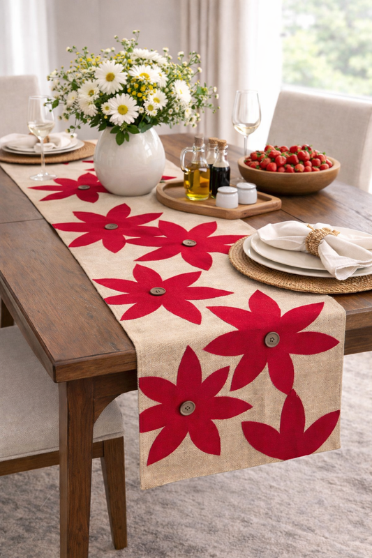 Red Poinsettia Flowers Jute 16"x72" Table Runner