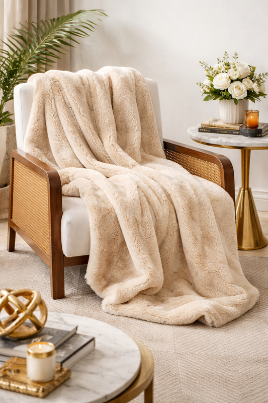 Natural Faux Rabbit Fur Throw Blanket - 50"x60"