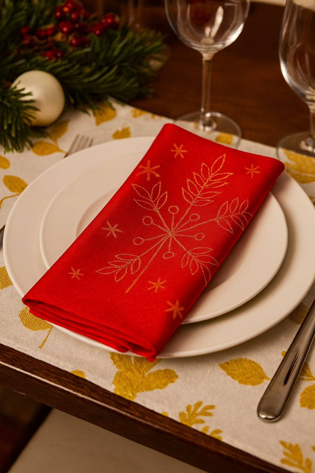 TBL0051 - Gold Foil Snowflake Festive Red 20" Cloth Napkin