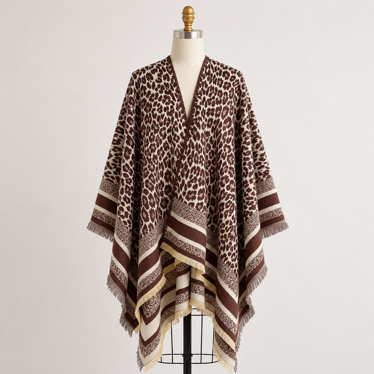 Brown Leopard Cashmere-Feel Shawl Wrap Poncho