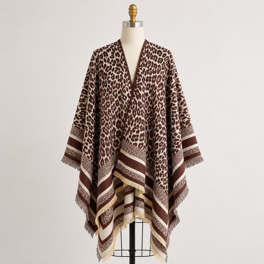 Brown Leopard Cashmere-Feel Shawl Wrap Poncho