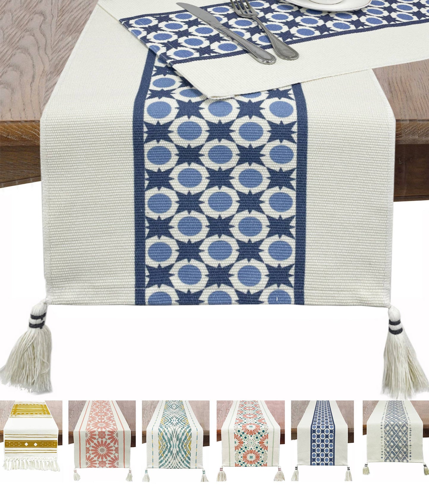 Geometric Print Cotton Table Runner with Tassels