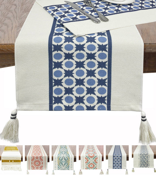 Geometric Print Cotton Table Runner with Tassels