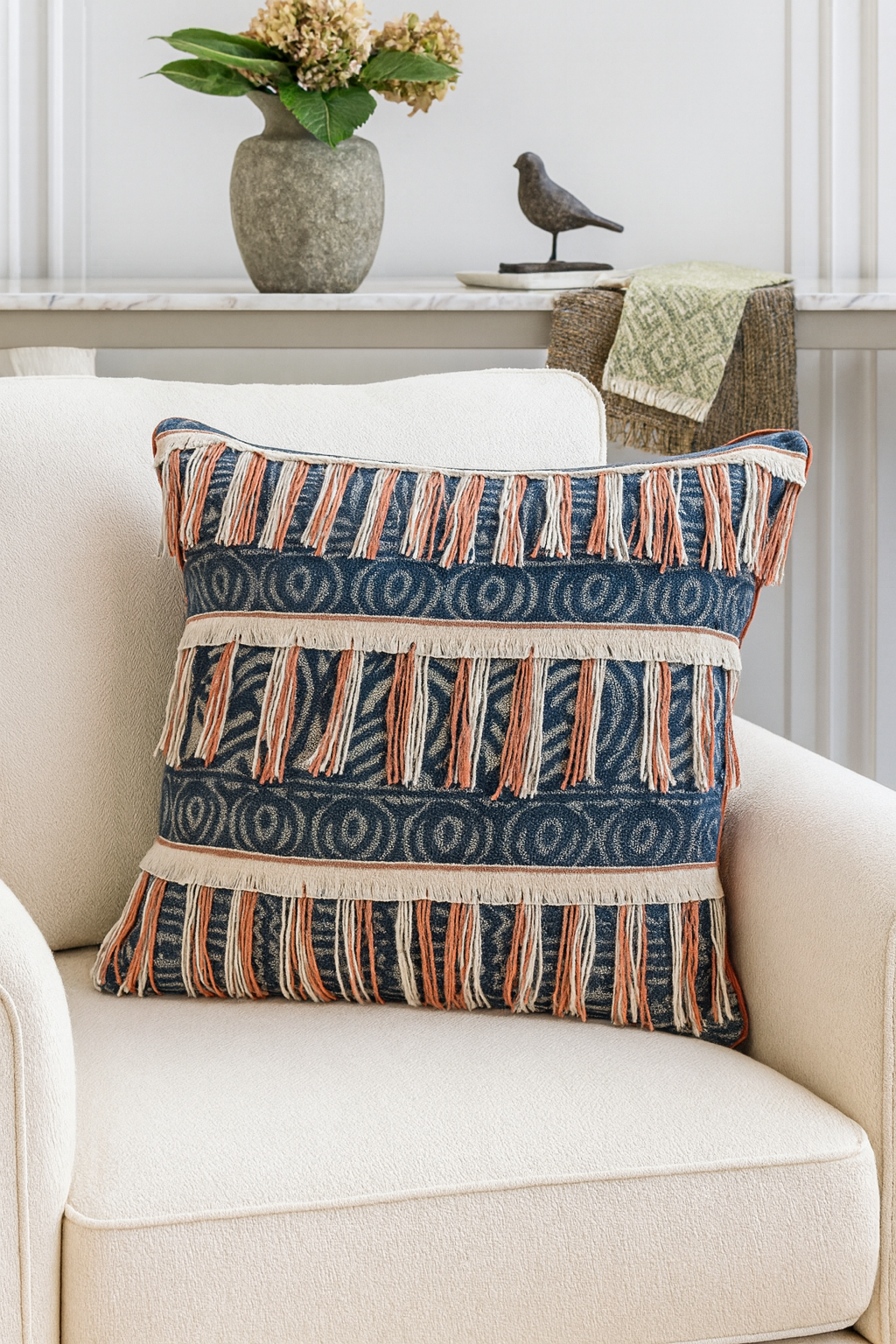 3165 - Blue Block Print Embroidered 22" Throw Pillow