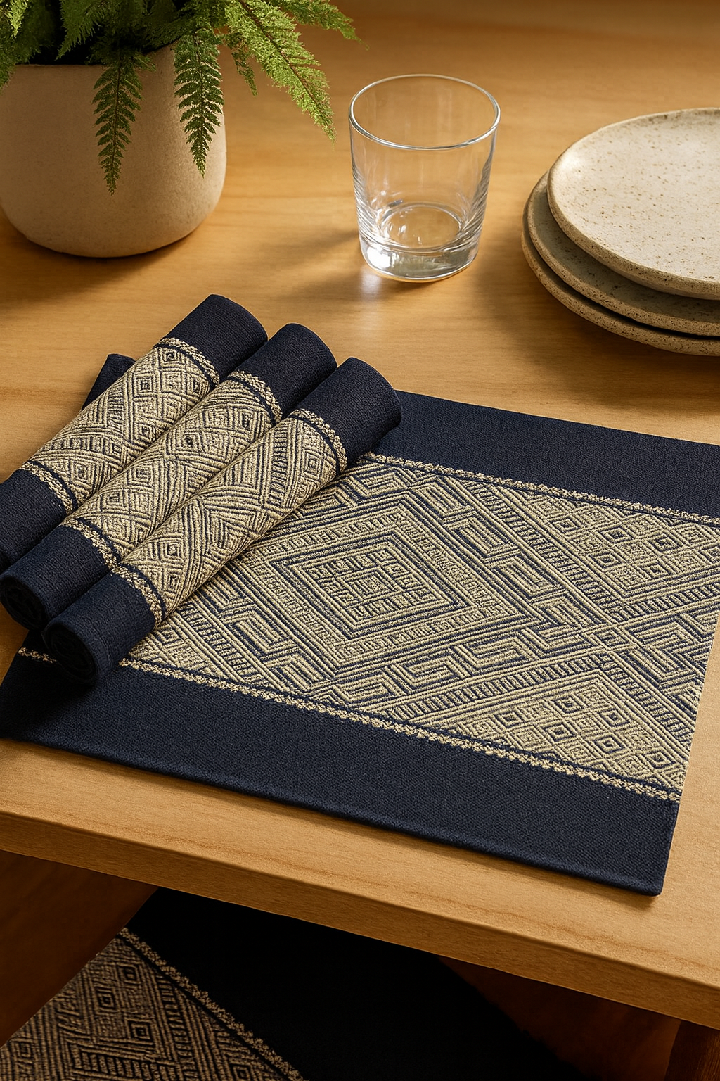 PM0055 - Navy Blue Woven Diamond Pattern Cotton Blend Placemat