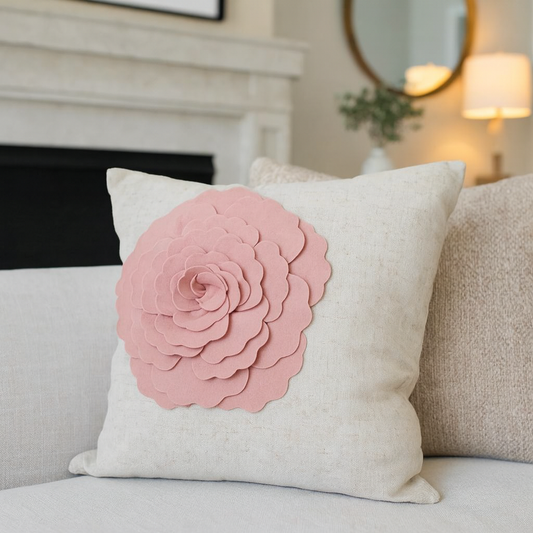 2097 - 3D Pink Rose Linen Blend Natural18" Filled Throw Pillow