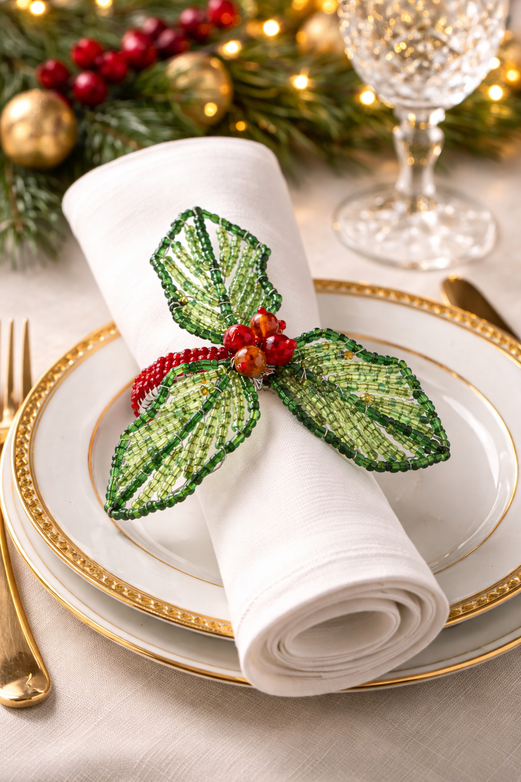 Hand Beaded Holly Leaf Motif Napkin Holder