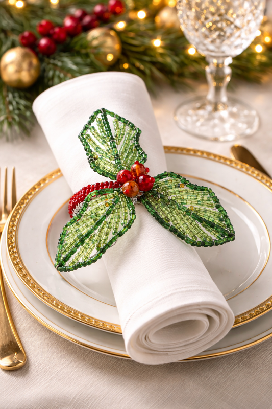 Hand Beaded Holly Leaf Motif Napkin Holder