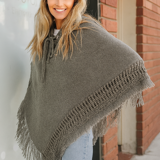 Grey Fringed Lace Up Hooded Pullover Poncho