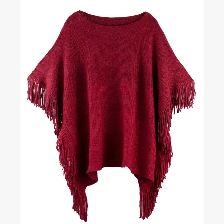 Red Knit Two-Tone Batwing Fringe Poncho Sweater