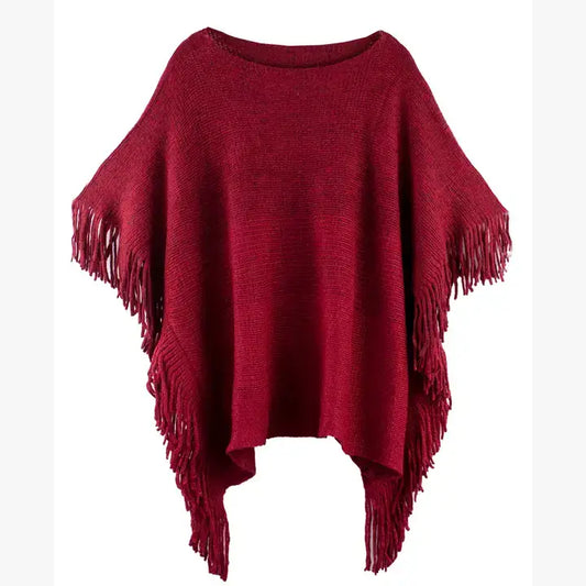 Red Knit Two-Tone Batwing Fringe Poncho Sweater