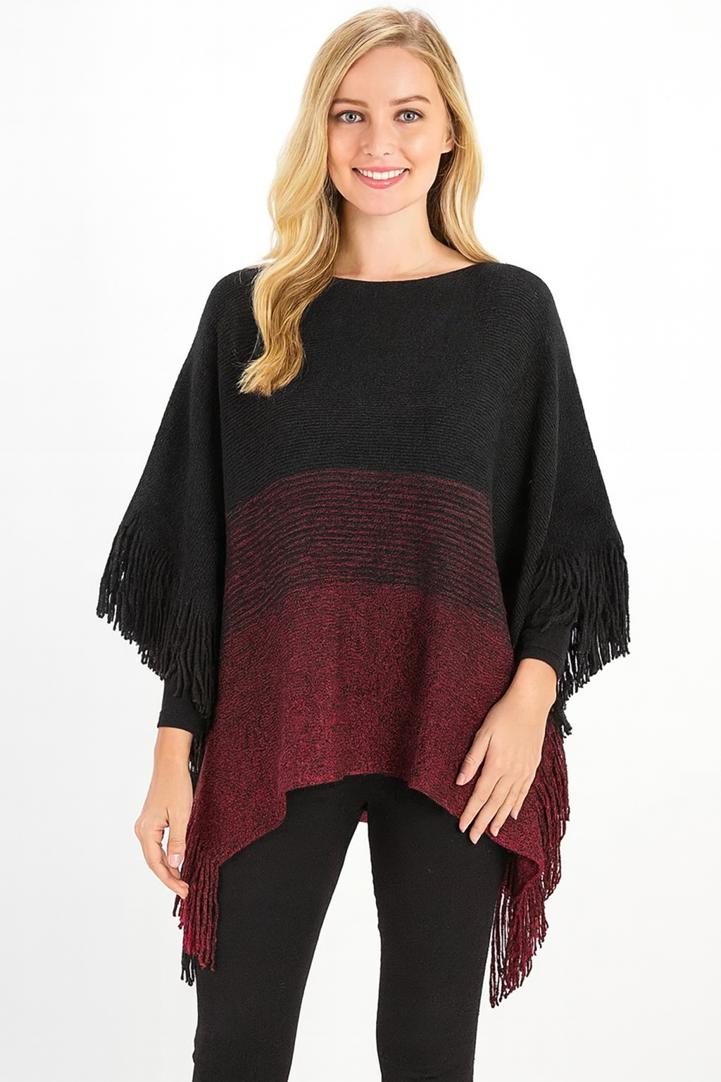 Black Knit Two-Tone Batwing Fringe Poncho Sweater