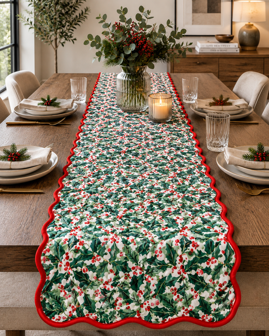 Scalloped Holly Berry Reverisble Quilted Table Runner -