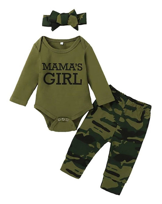 Camo Green Mama's Girl Cotton 3pcs Baby Outfit