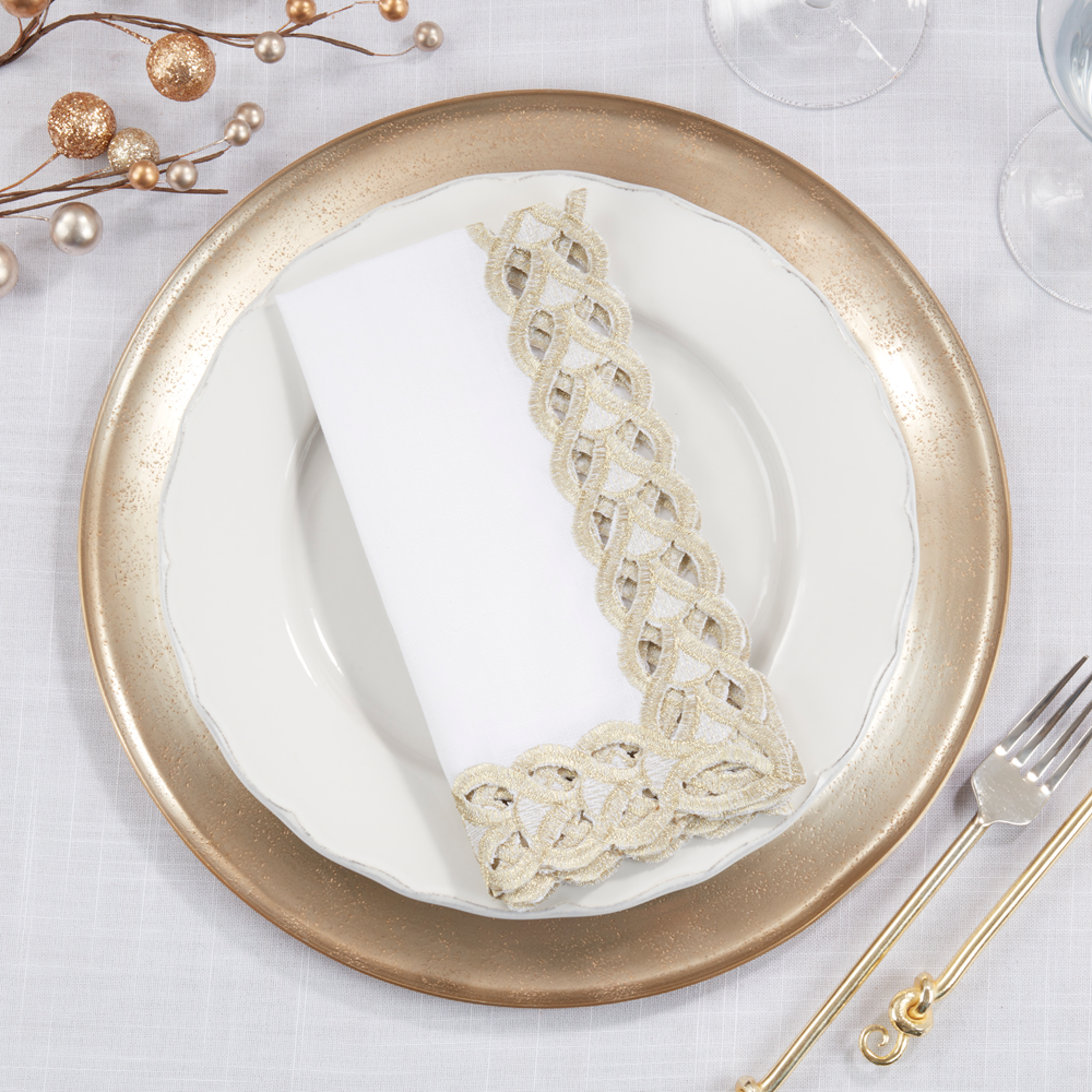 1037 - Gold Braided Border White 20" Cloth Napkin