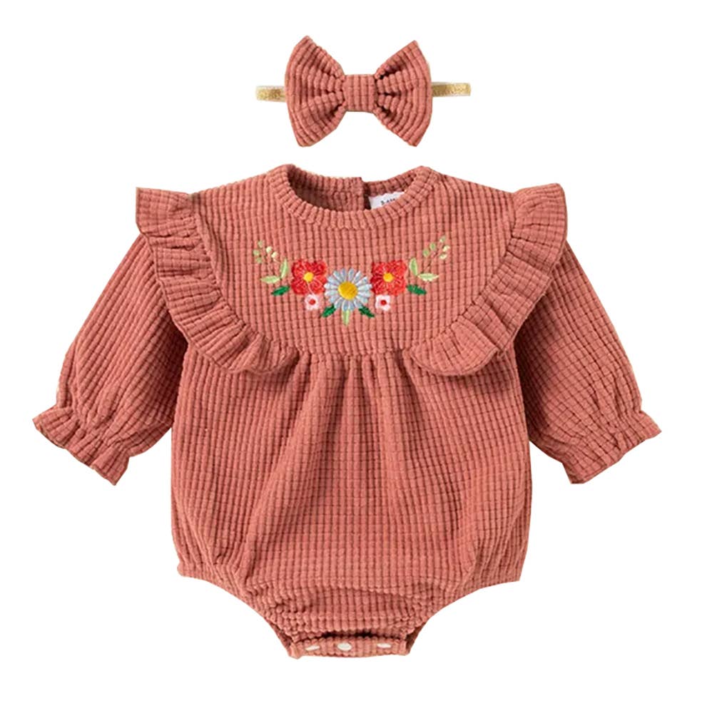 Pink Embroidered Floral Corduroy Baby Romper & Headband