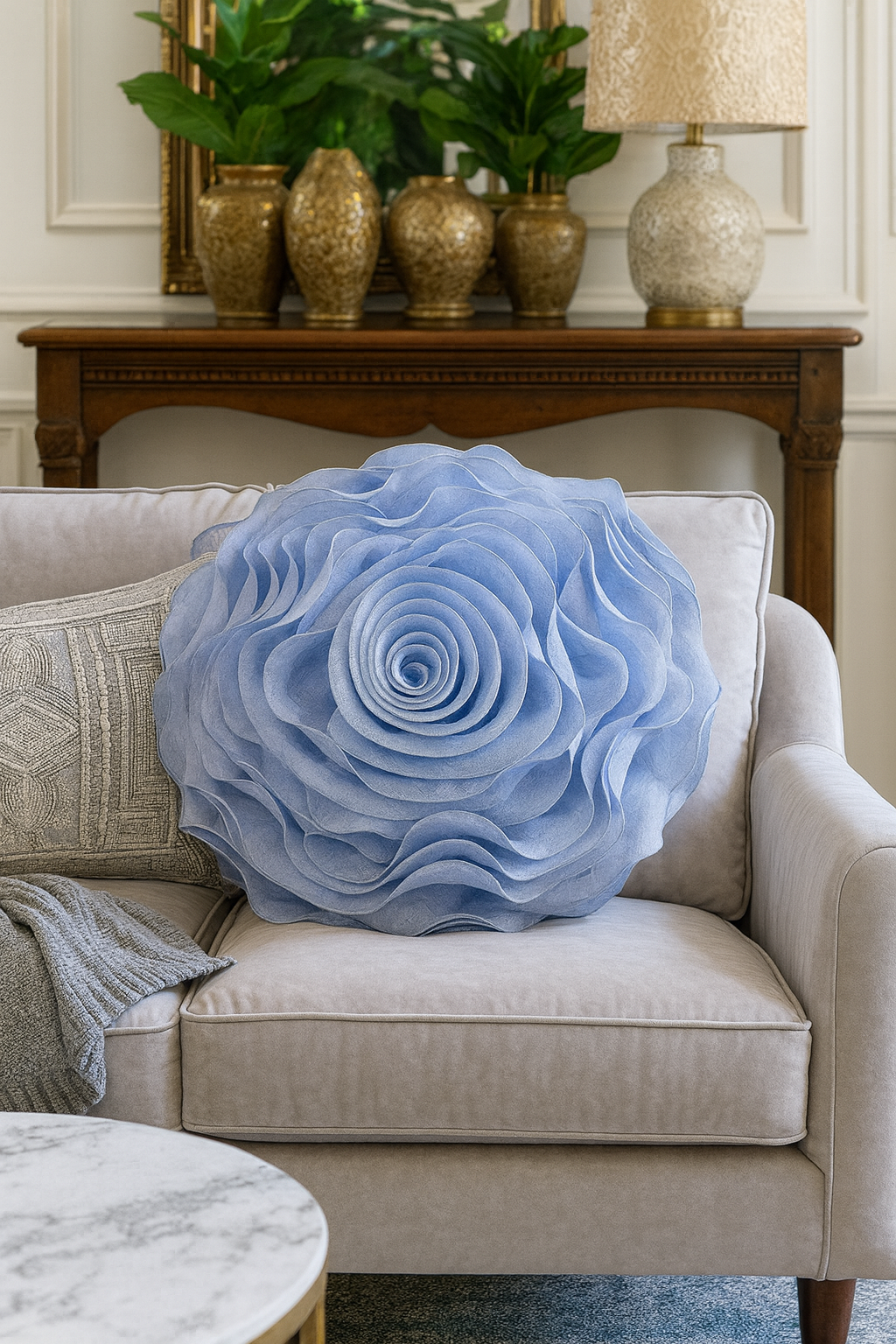 Baby Blue 3D Rose 16" Round Decorative throw Pillow