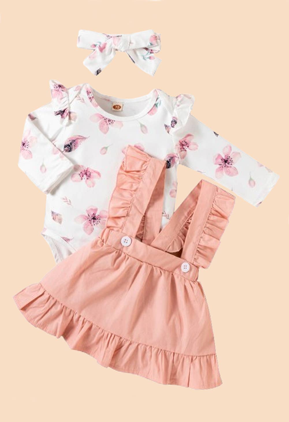 Pink Floral Baby Bodysuit, Suspender Skirt and Headband