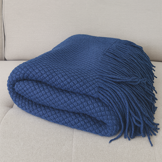 TH0031 - Navy Textured Knit Throw Blanket with Fringe – 50" x 60"