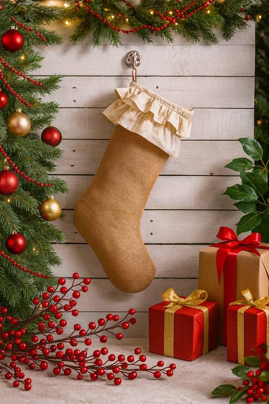 0515 - Natural Cotton Jute Ruffle Christmas Stocking