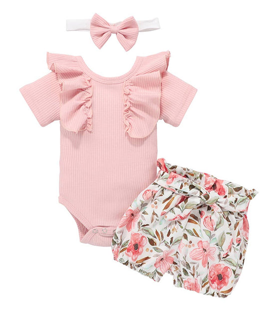 Pink Ruffle Baby Romper, Floral Shorts & Headband 3pcs