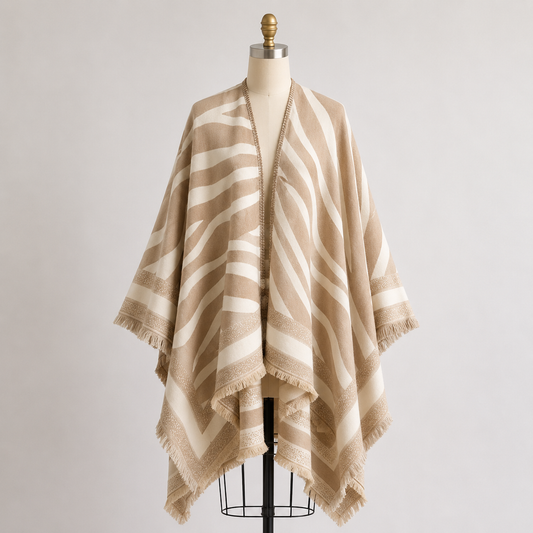 Beige Zebra Cashmere-Feel Fringe Poncho Wrap