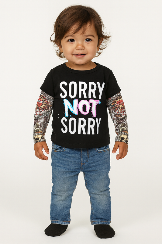 Black “SORRY NOT SORRY” Tattoo Sleeve Unisex Kids T-Shirt