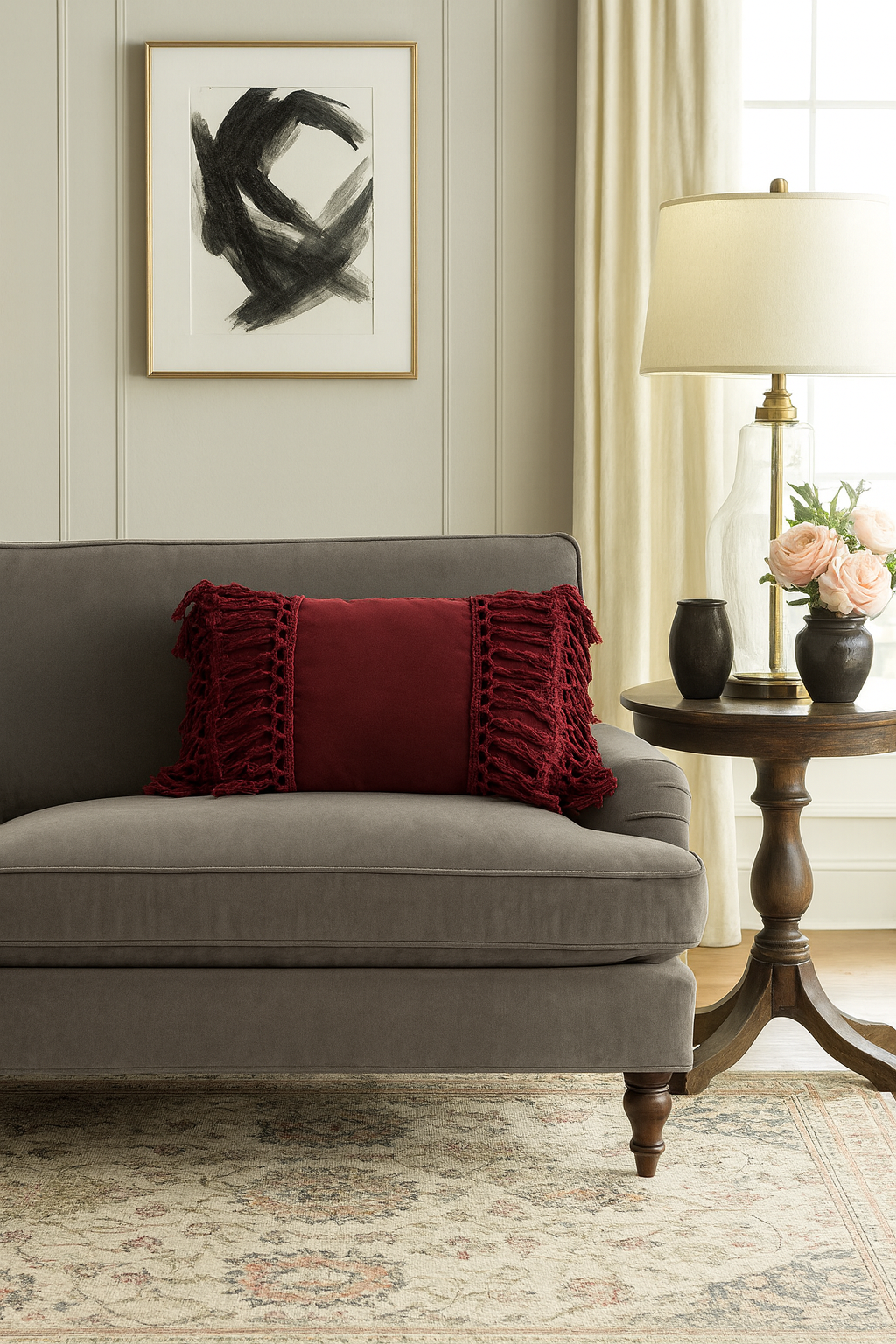 Wine Fringed Cotton 12X20 In Decorative Throw Pillow