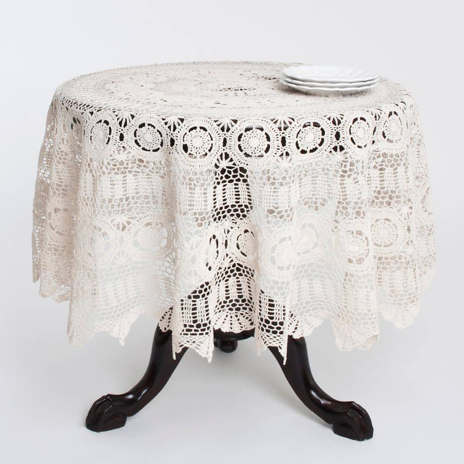869 - Beige Medallion Hand Crocheted Cotton Tablecloth
