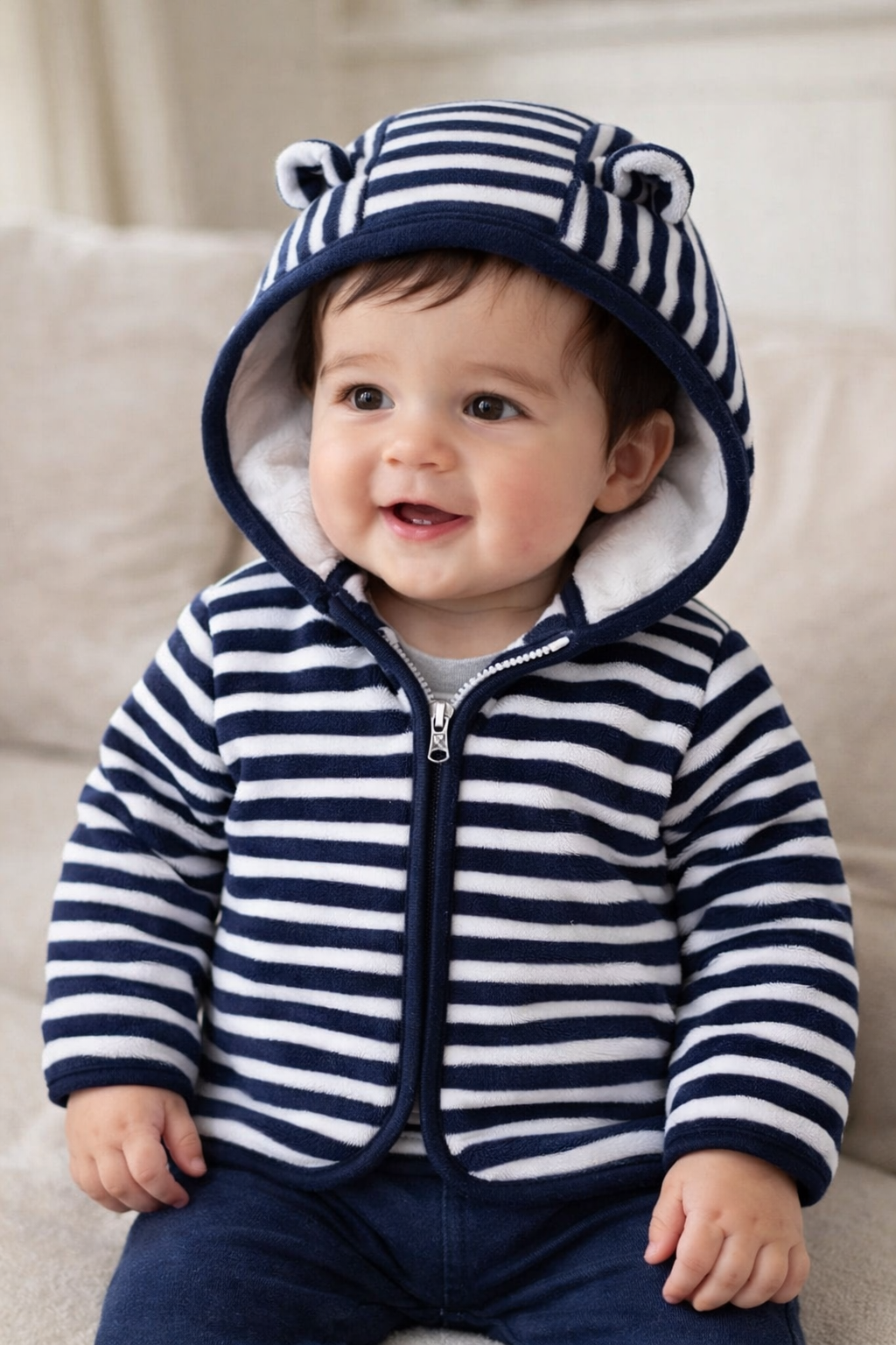 Navy Blue Striped Plush Fleece Hooded Baby Jacket