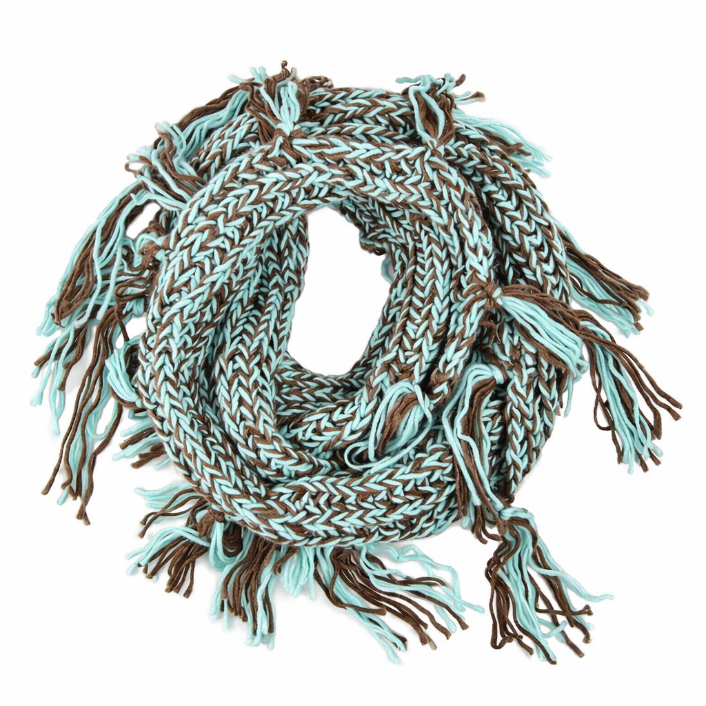 Aqua Mix Chucky Knit Infinity Scarf with Tassel Fringe