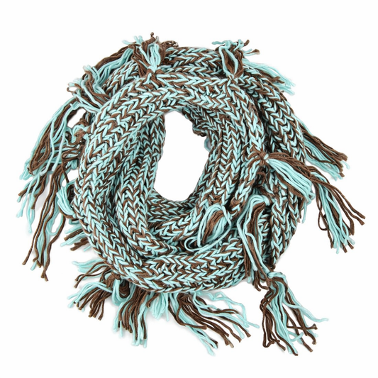 Aqua Mix Chucky Knit Infinity Scarf with Tassel Fringe