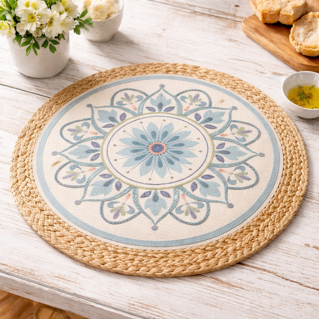Green Boho Mandala 13" Placemat with Water Hyacinth Edge