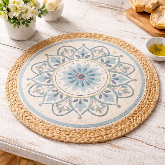 Green Boho Mandala 13" Placemat with Water Hyacinth Edge