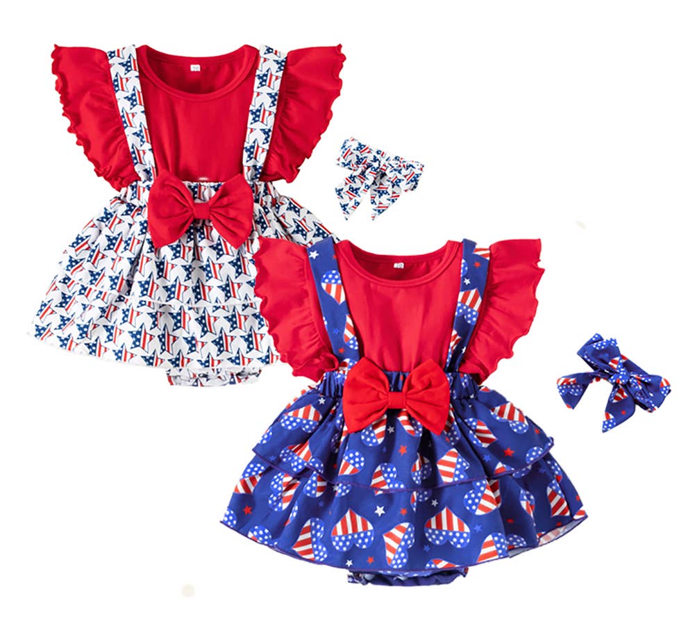 American Flag Design Baby Girl Romper Dress & Headband