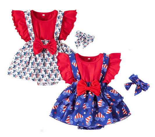 American Flag Design Baby Girl Romper Dress & Headband