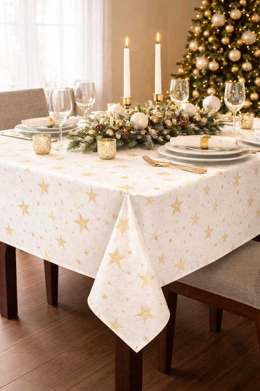 Golden Holly Star Holiday Ivory 70" Square Tablecloth