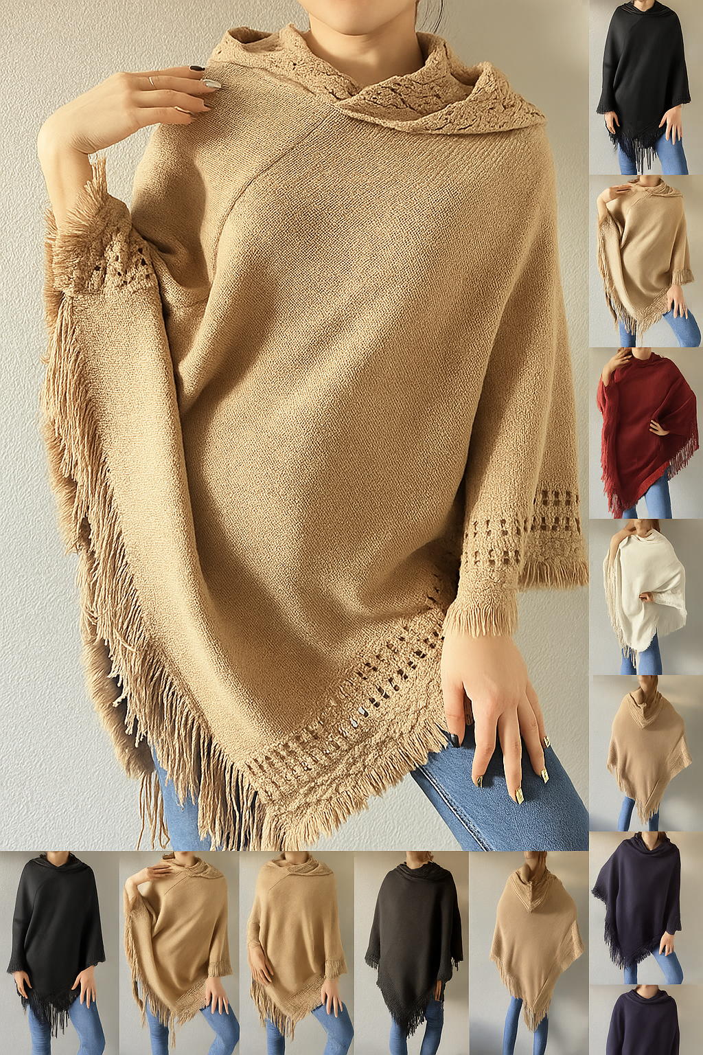Knit Fringed Hooded Poncho