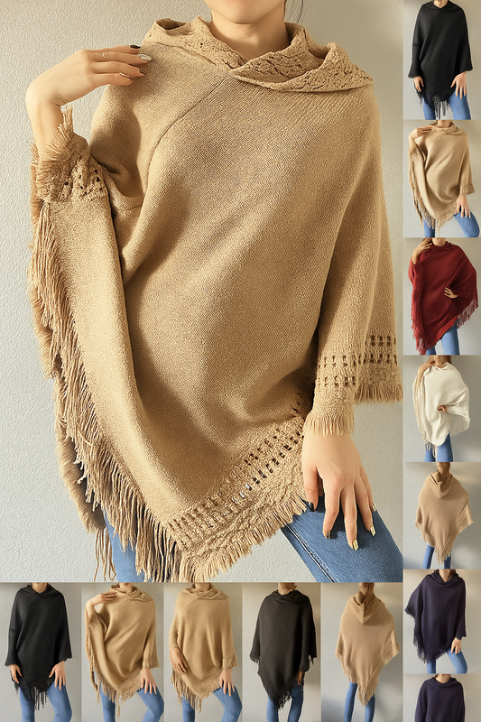 Knit Fringed Hooded Poncho