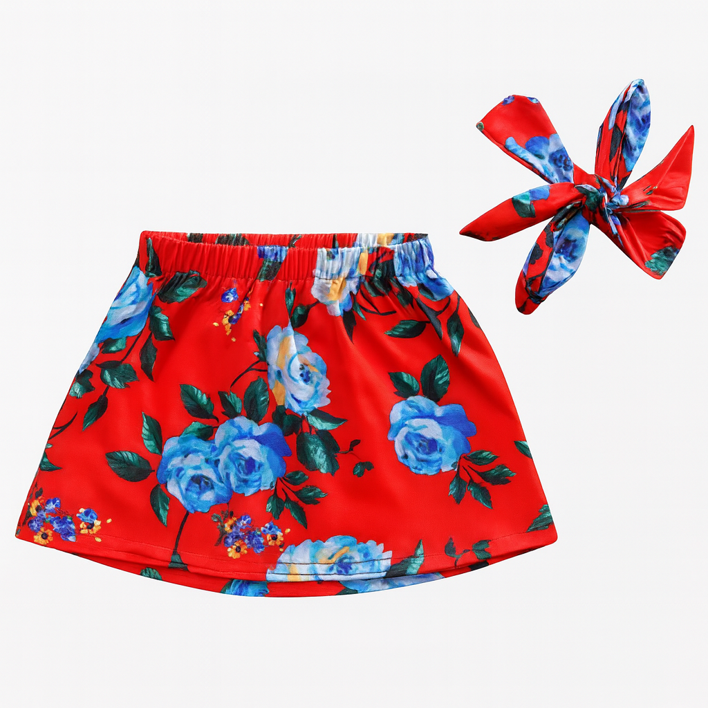 Red Floral Print Girl Skirt & Self-tie Headband