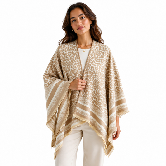 Beige Leopard Cashmere-Feel Shawl Wrap Poncho