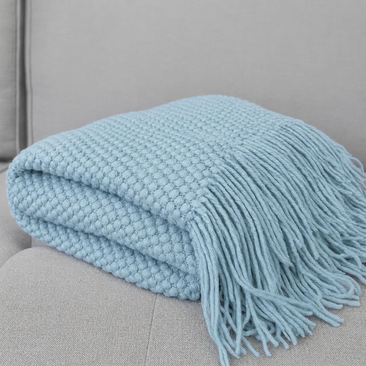 Aqua Textured Knit Throw Blanket with Fringe – 50" x 60"