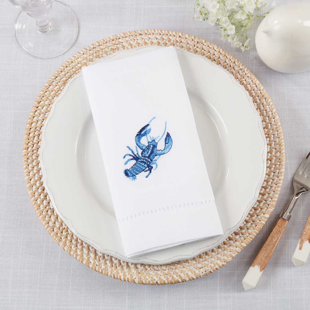 6037 - Embroidered Lobster White 20" Cloth Napkin