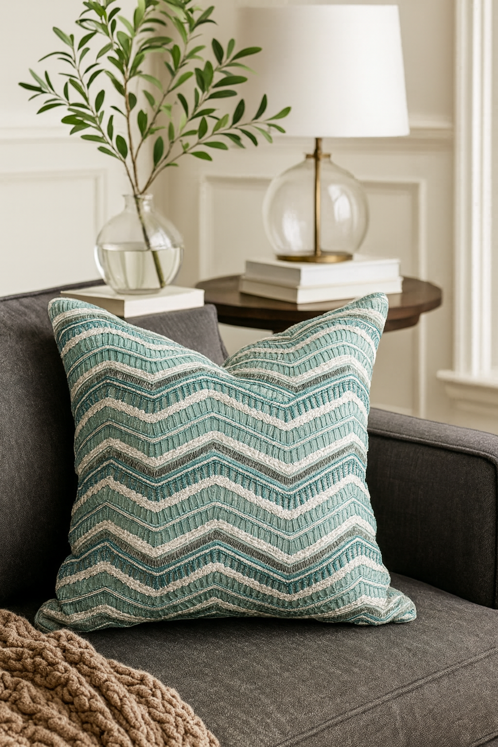 1010 - Green Hand Beaded Zigzag Down-Filled 17" Throw Pillow