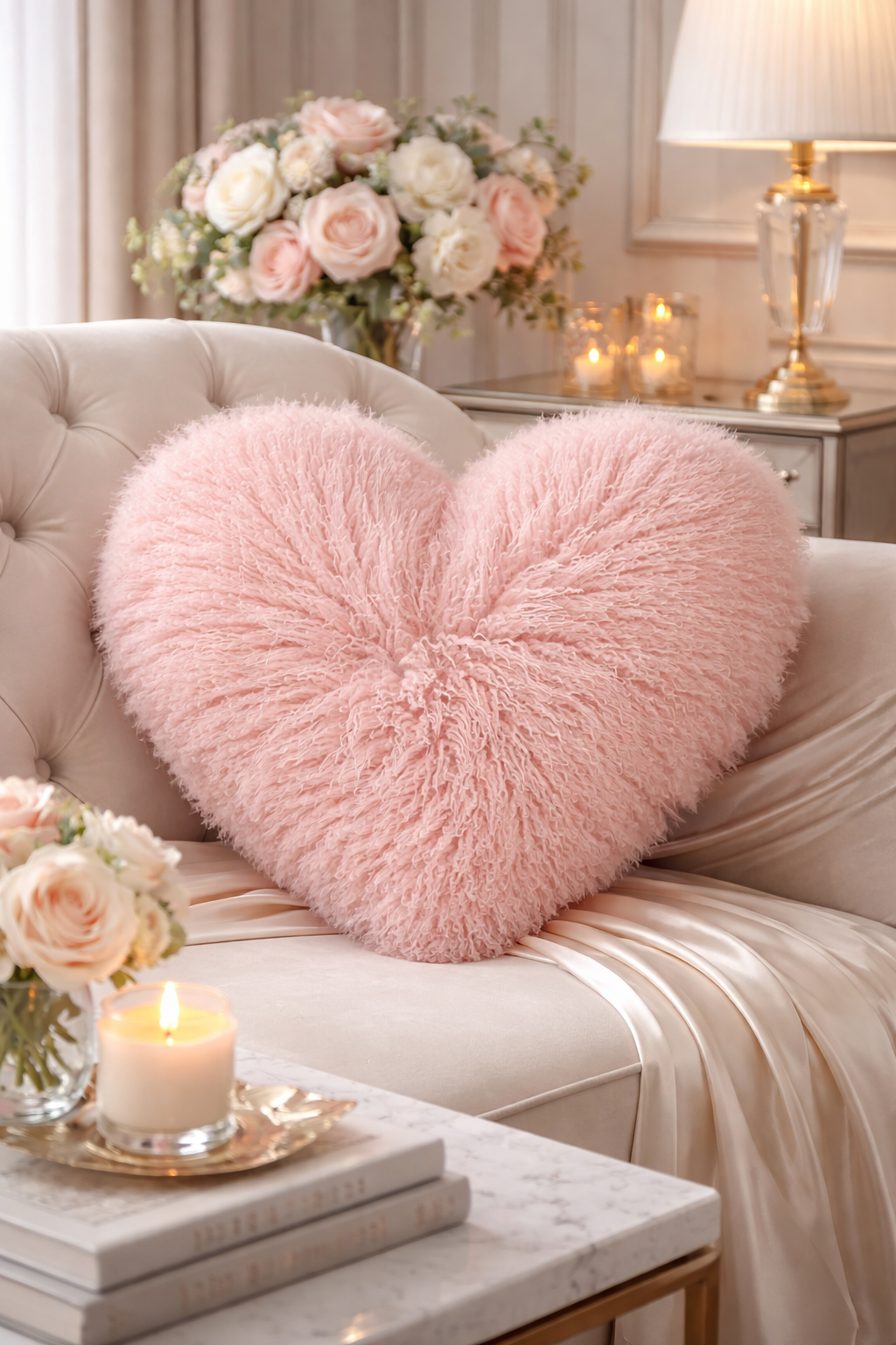 2150 - Pink Mongolian Lamb Fur 16"x18" Filled Heart Pillow